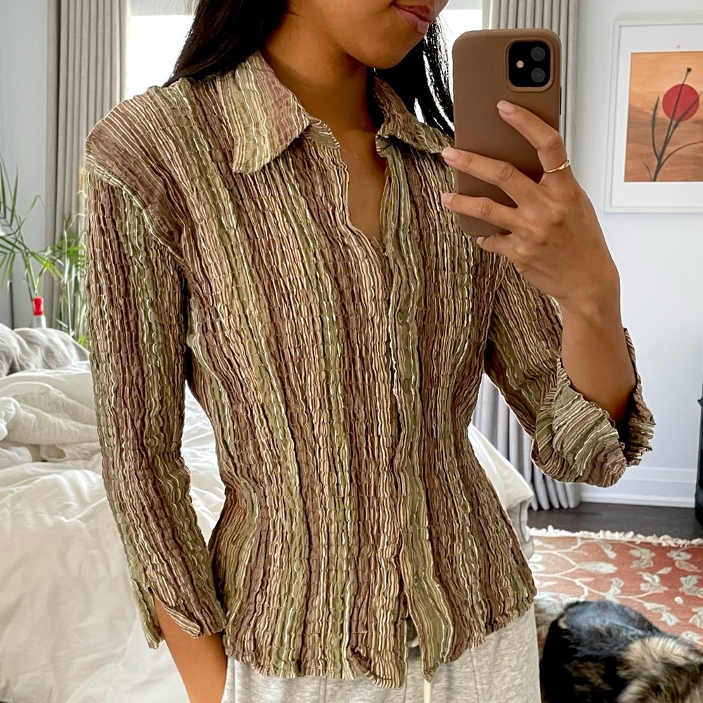 2000s Puckered Stretchy Striped Blouse